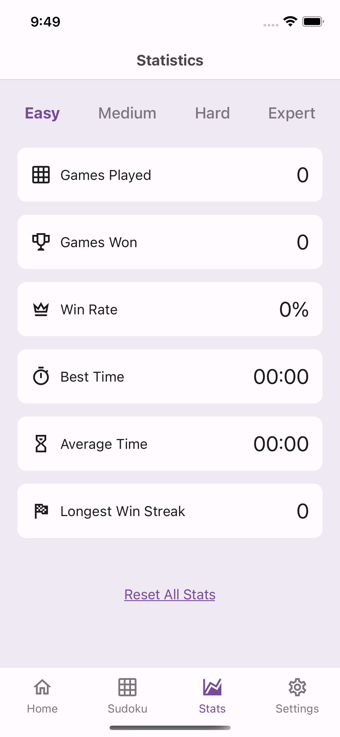 Sudoku Summit App Statistics Screenshot